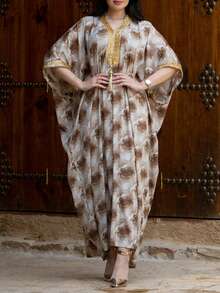 Elegant Long Arabic Style Dress With Gold Tassel Trim, V-Neck Batwing 3/4 Sleeve, Woven Fabric - Khaki - View 9