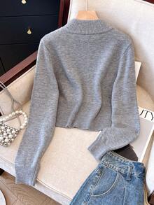 1 pieza Cárdigan de punto de unicolor con cremallera de doble vía, adecuado para vacaciones, uso diario, viajes, fiestas de cumpleaños, citas nocturnas, otoño/invierno