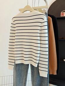 Suéter de punto acanalado de manga larga a rayas clásico para mujer, de longitud regular, tacto suave, forro térmico, cálido, de una sola pieza con tejido de punto a contraste acanalado, adecuado para uso diario, casual, viajes, aeropuerto, oficina, otoño/invierno