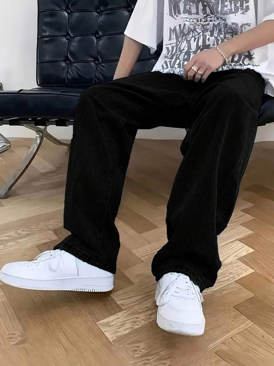 1pc Men's Black Straight Slim-Fit Versatile Jeans, Comfortable Casual Workwear Denim Pants, Suitable Gift For Husband Or Boyfriend - Black - View 1