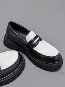 2025 New Men's Formal Slip-On Loafers [ Street Style], Black & White Patchwork Thick Sole Loafers, British Style Slip-On + Premium Leather Patchwork, Unique Serrated Outsole For Height Increase & Slimming, Suitable For Casual, Business And Various Styles