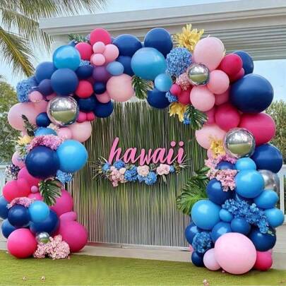 119 piezas Guirnalda de globos azul marino y rosa intenso - Elegantes globos azul macaron y rosa plateado para decoración de fiesta con tema de Hawái, perfecto para cumpleaños, revelación de género, duchas y graduaciones, decoración de fiesta | Arreglo de globos vibrante | Material de globo duradero, decoraciones de globos