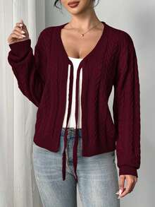 Elegant Solid Color Cable Knit Front Tie Bow Long Sleeve Cardigan Sweater For Women, Autumn/Winter - Burgundy - View 6