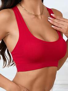 1 czerwony bezszwowy, żebrowany biustonosz sportowy do jogi i fitnessu, z modnymi, podwójnie skrzyżowanymi ramiączkami w kształcie litery X