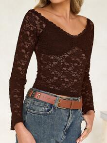 GAOVOT Women's Autumn Y2K Sexy Fitted One Shoulder Long Sleeve Lace Blouse