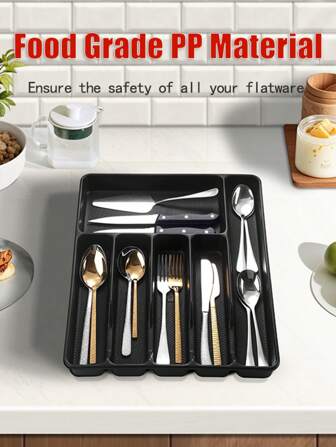 1 pieza Organizador de cubiertos, Caja de almacenamiento de cubiertos, Bandeja de almacenamiento para cajón de cocina, Material de plástico PP, Adecuado para encimera de cocina, Almacenamiento en cajón de gabinete, Compartimentos para cubiertos, utensilios, palillos