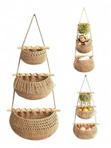 1 juego de bolsas colgantes tejidas a mano de 3 capas, estante de cocina, estante de almacenamiento de frutas y artículos diversos para la puerta de la pared, canasta colgante de cuerda de algodón, estante colgante de pared de 3 capas, bolsas colgantes de almacenamiento de artículos diversos - Marrón - Ver 2