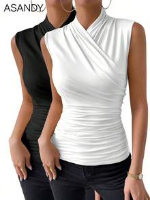 2 件套女式无袖纯色前交叉吊带背心和 T 恤套装