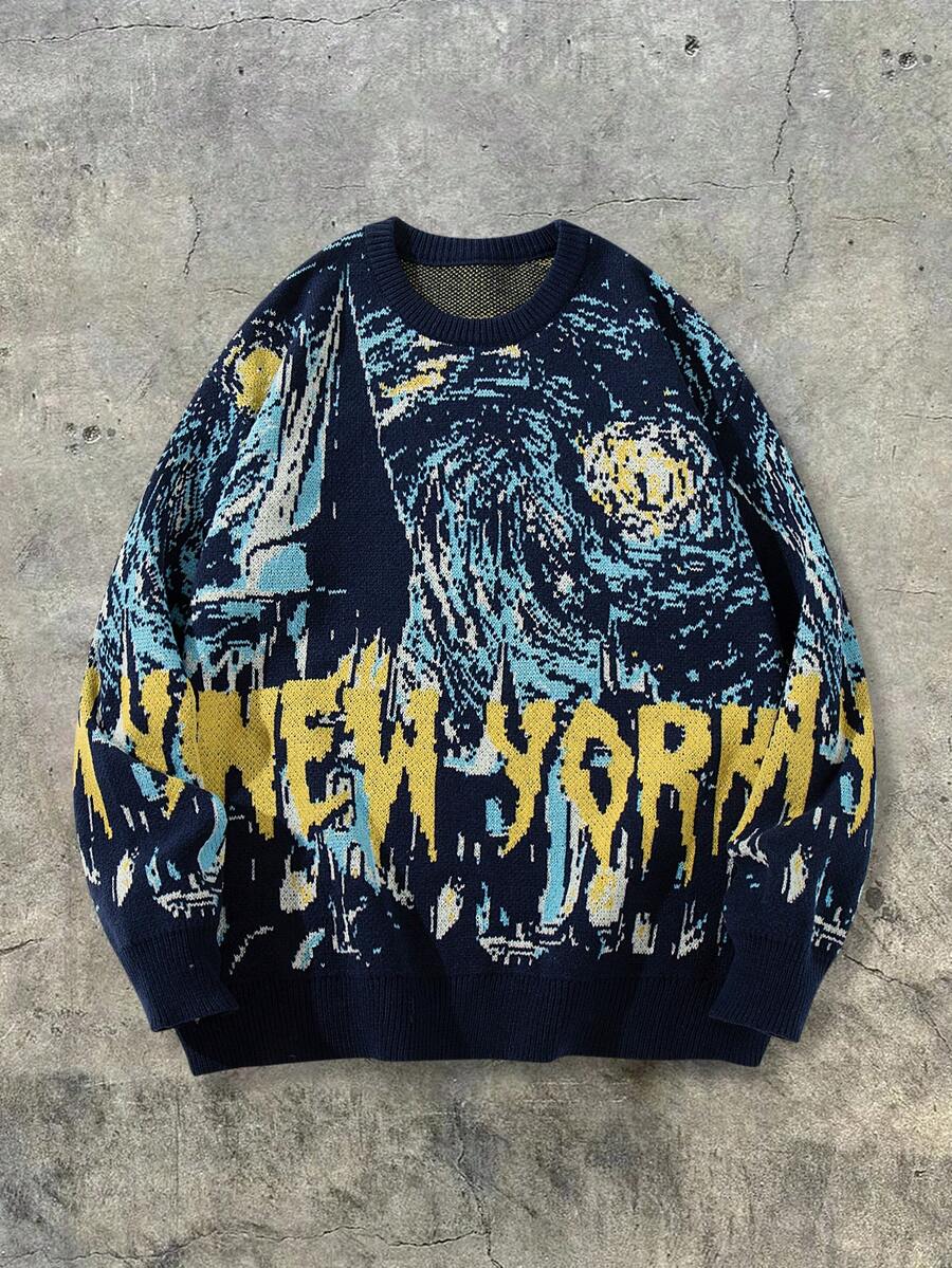 Unisex Casual Loose Fit Pullover Sweater With Abstract Van Gogh Painting Pattern, Versatile For Commuting, Autumn/Winter - Blue - View 1