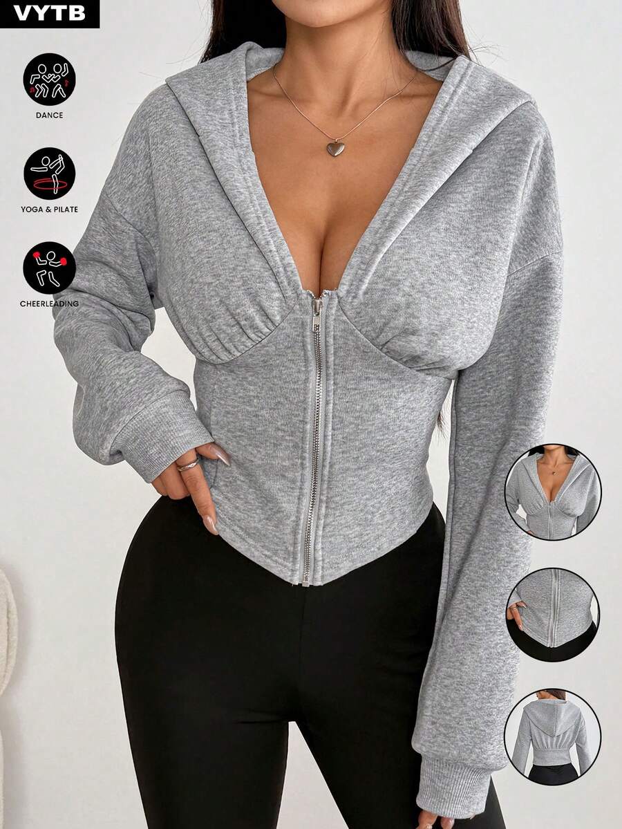 1pc Vintage Loose Fit Sweatshirt, Versatile American Style Zip-Up Jacket - Grey - View 1