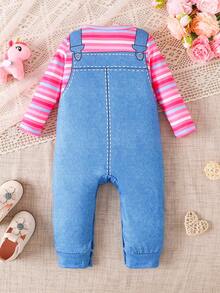 Baby Girl Heart, Rainbow & Unicorn Print Long Sleeve Striped Jumpsuit, Spring/Autumn