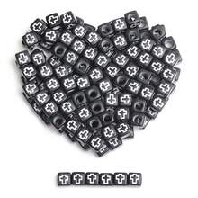 200/600Pcs 6mm Square/7mm Flat Round Acrylic Beads Cross Pattern Beads Loose Spacer Beads For Jewelry Making DIY Bracelets Accessories - 黑底白字/方形 - 查看 5