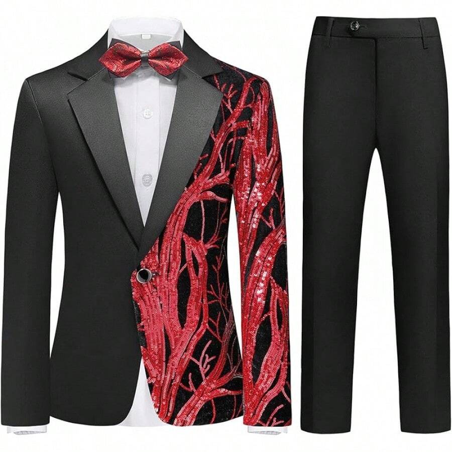 Boys' Formal Tuxedo Suit Set - 2 Piece Sequin Blazer & Satin Pants (4-16Y) - Red - View 1