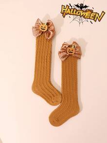 1 双女孩简约万圣节趣味卡通装饰踝袜，闪亮蝴蝶结点缀纯色罗纹及膝袜，四季皆宜 - 彩色 - 查看 31