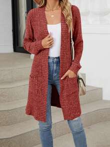 Women's Autumn Long Sweater Cardigan Long Sleeve Open Front Solid Color Knitwear - Red - View 4