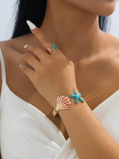 Ensemble de bijoux minimalistes à la mode, style océan, avec bracelet et bague ajustables, motif étoile de mer et coquillage, cadeau pour femme, vacances et voyages