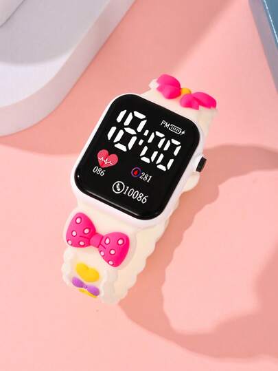 1-Piece Girl's Watch With Square LED Heart-Shaped Digital Display, Featuring A Bow And A Sweet And Fashionable Design. It's A Children's Watch With A Dopamine Pattern Wristband And Clock. It's An Affordable School Season Watch Suitable For Students. It's An Electronic Watch Suitable For Daily Life, Going To School, Parties, Traveling, And As A Birthday Gift For Friends. It's The Perfect Gift For Girls.
