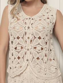 LEABAY Conjunto feminino de crochê – colete e shorts em renda, tamanho único (veste 38–42), disponível em bege e branco, ideal para praia e verão - Bege - Visão 3
