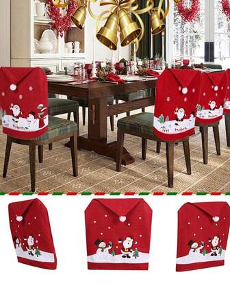 1 pieza Funda de silla de tela no tejida navideña, decoración del hogar Muñeco de Papá Noel, apta para hotel, centro comercial, hogar, sala de estar, decoración navideña
