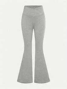 Calça Flare de Malha com Cintura Alta e Cruzada para Meninas, Legging de Ioga Nova de Outono para Crianças, Calça Flare Longa, Calça para Esportes ao Ar Livre - Cinza Claro - Visão 3