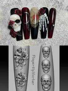 1 件哥特式美甲硅胶模具，乌鸦烛台，玫瑰头骨，荆棘玫瑰，胸腔，脊柱指甲装饰 DIY 透明模具 - 無色 - 查看 7