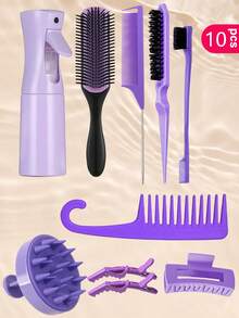 1/6/10/11件套美发造型工具套装,包含喷雾瓶、睡眠帽、卷发梳套装、9排梳、钩状宽齿梳、尖尾梳、洗发按摩刷,方便洗发后轻松造型,适合自然卷发,家居美容女性配饰礼品,美发造型套装,沙龙必备,美容美发,旅行美发配件 - 彩色 - 查看 16