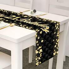 1pc 18 21 30 40 50 60 Years Old Happy Birthday Polyester Table Runner, 1pc Black & Gold Glitter Tablecloth, Birthday Party Decorations & 30 40 50 Anniversary Retirement Party Supplies, Suitable For Holiday Restaurant And Kitchen Decor, Also Can Be Used For Outdoor Theme Parties