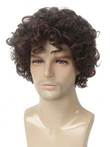 男士短款卷发波波头假发，棕色合成纤维假发，蓬松非洲卷发假发，适合角色扮演、休闲、派对、动漫角色、万圣节服装 - 棕色 - 查看 4