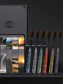 6 فرش أسنان فاخرة، مثالية للهدايا، مجموعة هدايا مكونة من 6 قطع، تجسد الفخامة البسيطة، شعيرات فائقة الليونة، تنظف الأسنان بشكل شامل، تعزز الصحة الفموية، تمنع التسوس، تحمي الأسنان، تبيض الأسنان، تصميم فرشاة أسنان فريد، مقبض ذو لون بلوري مع أنماط فنية، رأس واسع. مناسبة ل-: البالغين، عبوة عائلية، فرش أسنان للأزواج.