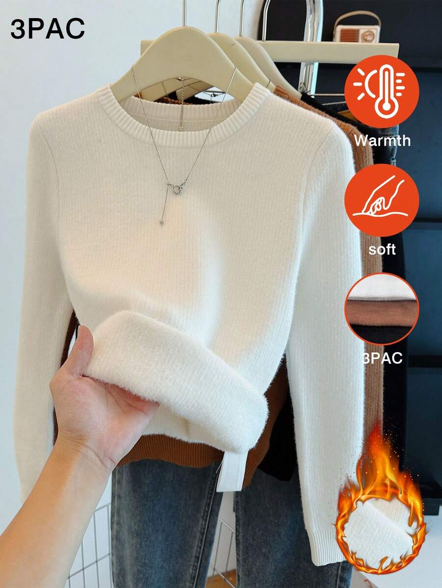 Set de 3 suéteres de punto de unicolor, adecuados para vacaciones, oficina, hogar, casual, viajes, aeropuerto, otoño/invierno