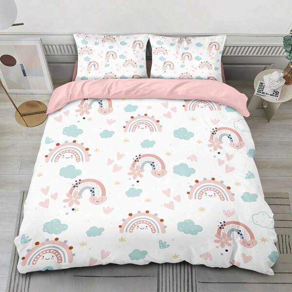3pcs/Set Cartoon Rainbow, Heart, Smiling Face Cloud, Star Print Bedding Set - 4 Seasons Breathable Polyester Duvet Cover With Zipper Closure, Machine Washable, Includes 1 Duvet Cover And 2 Pillowcases (No Filler Or Pillow Insert), Soft & Cozy Bedroom Linens, Fashionable Bedroom Decor, Creates A Warm Atmosphere