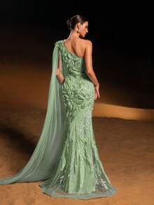 GIFORU 奢华薰衣草色单肩晚礼服 - 优雅花卉水晶串珠雪纺披肩，适合红毯盛典、白色礼服、新年优雅派对、高贵长款毕业礼服、闪亮礼服等场合。 - 草綠色 - 查看 4