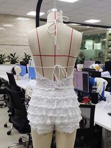 Lace Romper For Women Summer Tiered Ruffle Bloomer Shorts Jumpsuit Y2K V Neck Halter Backless Festival Outfit - 白色 - 查看 9