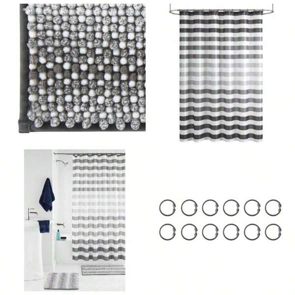 Ombre 15Piece Stripe Polyester Shower Curtain Set, Grey