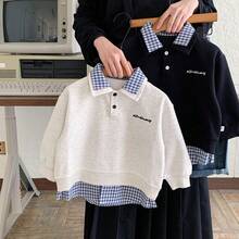 (Order One Size Down) 2025 Autumn New Young Boy Casual 2 In 1 Dual Collar Fashionable Personalized Pullover Sweatshirt, Versatile - Grey - View 5