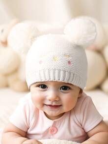 2 pezzi Cappellino neonato/bambino con doppia pallina, occhi chiusi e viso sorridente ricamato, berretto in maglia per neonati, bambini piccoli, inverno caldo cappello in maglia per bimbi e bimbe - Multicolore - Visualizzare 2