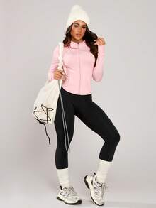 NcmRyu 1 Áo khoác thể thao tay dài có khóa kéo thời trang dành cho nữ, màu trơn co giãn ôm vừa vặn, tôn dáng, áo khoác tay dài mềm mại và thoải mái dành cho nữ - Hồng - Xem 11