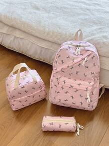 三件套休闲学院风蝴蝶印花背包套装，包含背包、午餐包、斜挎包和带笔记本电脑隔层的笔袋，配有可调节肩带、多口袋大容量多功能书包套装，适合女性/女孩/青少年/大学生/毕业生日常使用/度假/旅行/返校，可爱蝴蝶图案背包