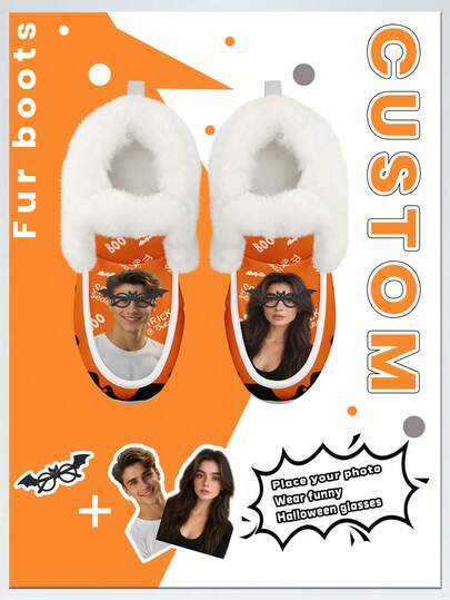 Halloween Men's Custom Winter Boots, Personalized Customized Your Photo & Funny Glasses, Warm Plush Lining For Cozy Comfort, Funny Halloween Gift For Mom/Dad/Her/Him/Girlfriend/Boyfriend/Wife/Husband/Friend, Unique Halloween Decor Footwear