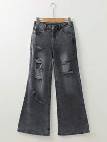 Women's Fashion Casual Distressed Comfortable Denim Long Pants Spring Black - Black - View 3