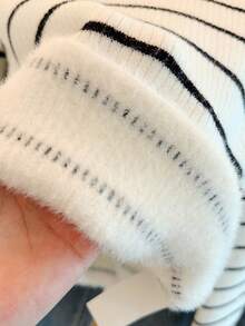 Suéter de punto acanalado de manga larga a rayas clásico para mujer, de longitud regular, tacto suave, forro térmico, cálido, de una sola pieza con tejido de punto a contraste acanalado, adecuado para uso diario, casual, viajes, aeropuerto, oficina, otoño/invierno