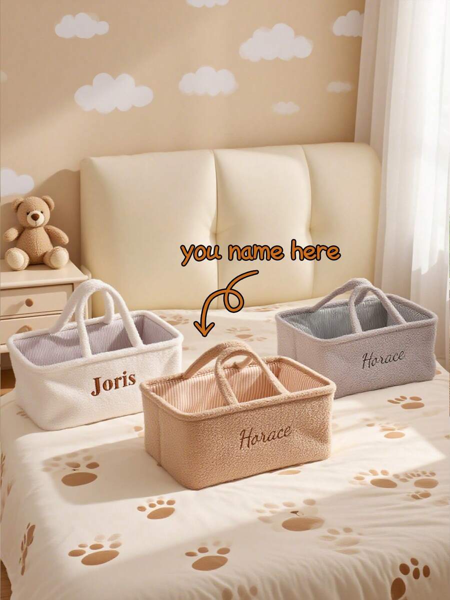 1pc Personalized Solid Color Baby Name Diaper Storage Basket - Ideal Newborn Gift! Customized Embroidered Baby Name Basket, 2-In-1 Storage & Gift Box, Essential For New Parents, Newborn Autumn/Winter Gift, Holiday Gift Choice, Son, Daughter
