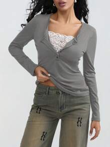 Women Teen Girls Clothes Lace Stitching V-Neck Fairy Crop Tops Y2K Long Sleeve Tight Shirt Spring Fall Downtown Girl Coquette Clothing Tops For Girls - 灰色 - 查看 6