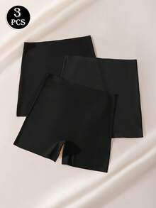 3 件/包女士纯色简约短裤，防擦伤，不滚动，丝滑，高腰，无缝，舒适内裤 - 黑色 - 查看 2
