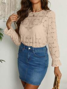 Vintage Lace Hollow Floral Round Neck Long Flared Sleeve Loose Blouse For Women  Blusas De Mujer Elegante Casual Dating Office Tops - Màu be - Xem 3