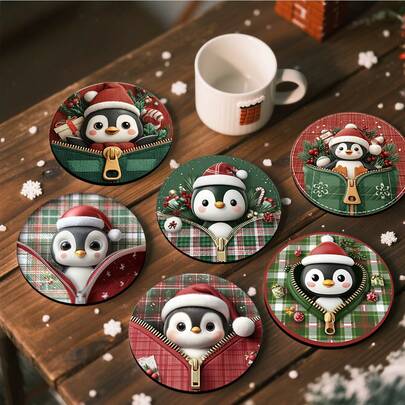 1 set/4 pièces /6 pièces Dessous de verre en boue de diatomées à motif pingouin de Noël, dessous de verre à café, décoration multi-occasions pour la maison et le restaurant, cadeaux quotidiens, décoration de table, décoration quotidienne, décoration de fête à thème