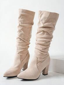 弹力针织尖头高跟长靴，新款秋季高跟度假风女靴，褶皱设计，拉长腿部线条，适合音乐节穿着，百搭切尔西靴，舒适布靴 - 卡其色 - 查看 7