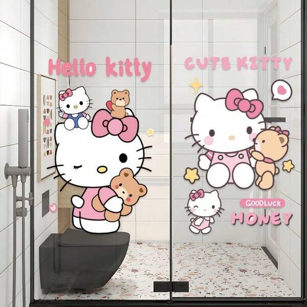 Sanrio 1 Set Creative Hello Kitty Waterproof Bathroom Glass Door Stickers, Bubble-Free 50cm Door Decal + Home Decor Stickers, Classic Fashionable Cute Cartoon "GOODLUCK" Blessing Decorative Stickers Wall Stickers Wall Sticker Room Decor