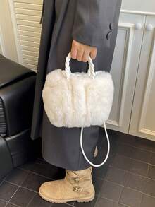 女士毛绒小水桶包，时尚简约手提包，毛茸茸休闲托特包，百搭可爱女士包，配有编织肩带和抽绳，新款女士皮草包 - 彩色 - 查看 9