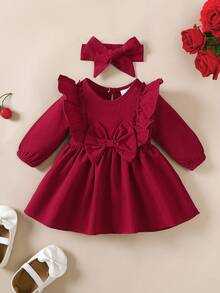2pcs Baby Girls' Ruffle Hem Bow Decor Long Sleeve Dress And Headband Set - Burgundy - View 1
